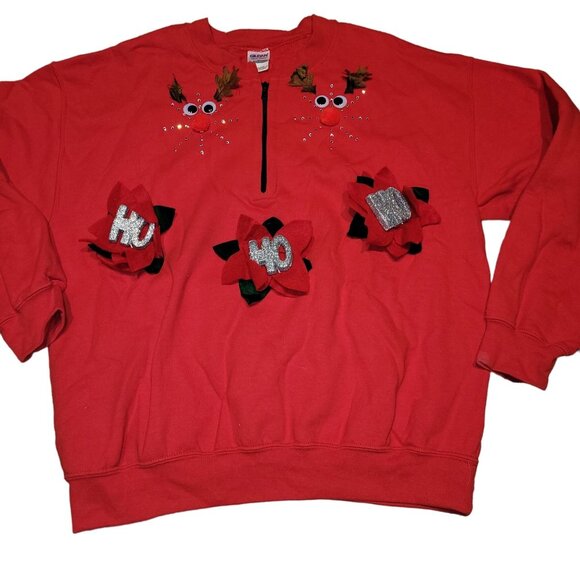 Women's Large Upcycled Ugly Christmas Sweater Holiday Poinsettia Reindeer Red - Picture 1 of 7